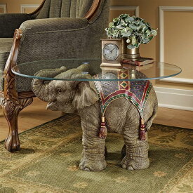 エキゾチックなアフリカ象（ゾウ） ガラストップ テーブル 動物彫刻 彫像 置物 エスニック インテリア/ サファリカフェ 大草原（輸入品）