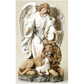エンジェルコレクション ヨセフ・スタジオ製 ローマン特製 ライオンと子羊と天使の置物 高さ 約24cm プレゼント 贈り物 彫像 彫刻 カトリック教会 祭壇 福音 聖書（輸入品