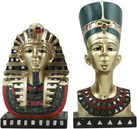 古代エジプトのファラオの黄金のマスクを被ったツタンカーメンと女王ネフェルティティの像 古代エジプト 王室の胸像セット 彫像（輸入品