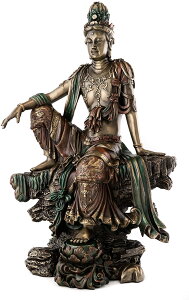 水月観音の半跏思惟像-鋳造ブロンズ風 彫像-高さ 約37cm置物 慈悲の観音菩薩像 彫刻 彫像/心の浄化 記念品 贈り物（輸入品）