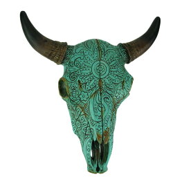 ターコイズ色花柄が刻まれたブル（雄牛）スカル頭蓋骨 壁彫刻彫像 焼き肉店 メキシコ料理 エスニック ステーキ インディアン（輸入品