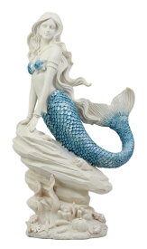 サンゴ礁の岩に座る アクアブルーの尾ヒレを持つ 人魚(マーメイド) 高さ約29cm オーシャンアクアマリン プリンセス アリエル 彫像 彫刻 リトル・マーメイド アリエル ポセイドン 大洋 プレゼント 贈り物（輸入品）