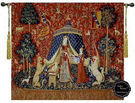 西洋美術 「我が唯一つの望みに」貴婦人と一角獣（ユニコーン）中世アートジャガード織 壁掛けタペストリー；サイズ；幅119cm×長さ85cm（輸入品