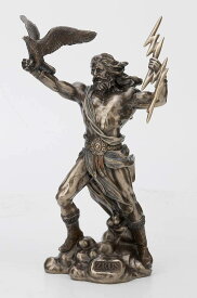 雷を投げようする古代ギリシャの神ゼウス アンティーク・ブロンズ風仕上げ彫像 高さ約21.5cm(輸入品)