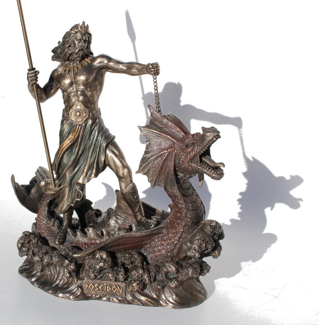 楽天市場三叉の矛を持って、海馬に立つポセイドン ブロンズ風彫像
