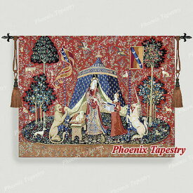 西洋美術 「我が唯一つの望み」 貴婦人と一角獣（ユニコーン）中世アート 美しいジャガード織り 壁掛けタペストリー 中世美術 壁装飾