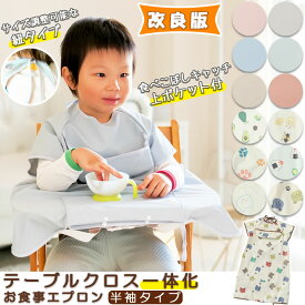 【2枚購入+1枚指定商品プレゼント】【GOODA掲載】高品質 テーブルクロス一体型 春　夏　エプロン キッズ 半袖 子供用 子ども こども お食事エプロン 洗える 軽量 コンパクト 防水 ベビー 赤ちゃん 離乳食 保育園 出産祝い