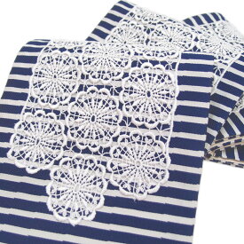 半幅帯 縞 小袋帯 日本製 木綿 レース 仕立て上がり カジュアル フェミニン 浴衣 夏着物 縞 ボーダー 藍 f602