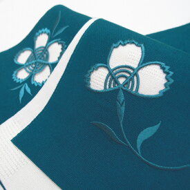夏帯 半幅帯 麻 小袋帯 日本製 ドロンワーク 刺繍 撫子 仕立て上がり カジュアル 浴衣 夏着物 青 b413