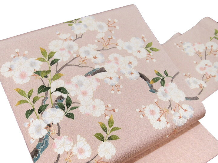 楽天市場 名古屋帯 仕立て上がり 十日町友禅 秀美 九寸帯 正絹 ちりめん カジュアル 桜 花柄 季節問わず ピンク ベージュ D544r ロマン着物みやがわ