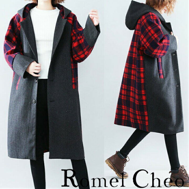 楽天市場】RomelCheo 切り返し チェック柄 チェスターコート フード 