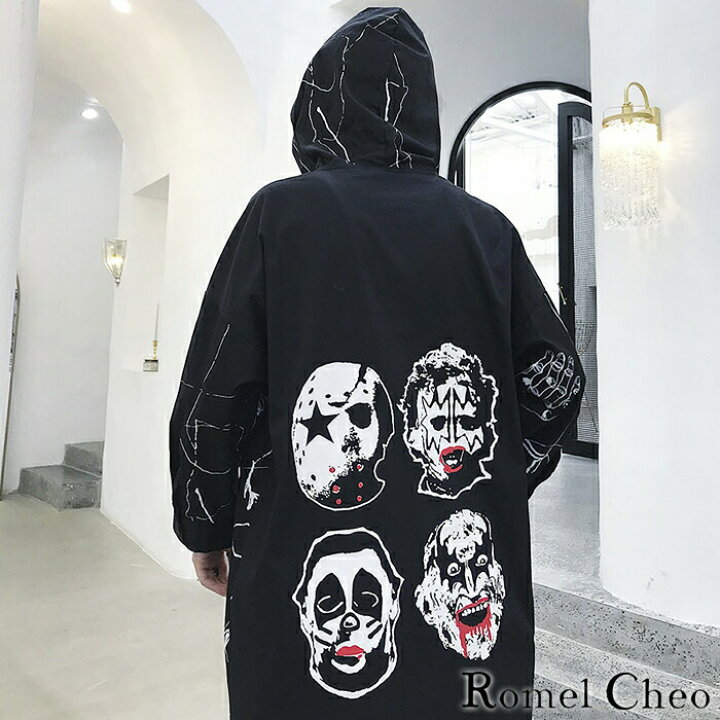 楽天市場 送料無料 Romelcheo サマー パーカー コート メンズ 7分袖 ヒップホップ Hiphop ストリート 薄手 春 夏 秋 服 プリント フード付き ロング アウター 原宿系 個性的 アウトドア ロメルチェオ Romelcheo