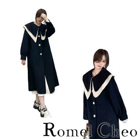 【送料無料】 RomelCheo ダブル ビッグ ラペル ロング コート 2重 襟 カラー バイカラー 黒白 長袖 きれいめ おしゃれ あったか 暖かい 中綿 キルティング 通勤 デート 大人可愛い かわいい ガーリー ファッション ロメルチェオ