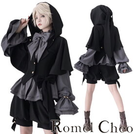 RomelCheo ダークキュートうさ耳フードジャケット ボレロ カーディガン ケープ ショートジャケット デザインジャケット ビッグフード 羽織 モノトーン ロリータ レディース モード系 ストリート 原宿系 ファッション 個性的 ロメルチェオ