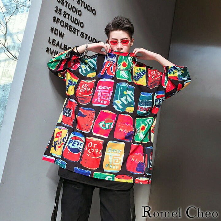 楽天市場 送料無料 Romelcheo イラスト プリント Tシャツ カラフル 派手 個性的 5分袖 7分袖 ビッグシルエット ドロップショルダー 半袖 ロング丈 メンズ 原宿風 ストリート Hiphop ヒップホップ スケーター ファッション パロディー カジュアル ロメルチェオ Romelcheo