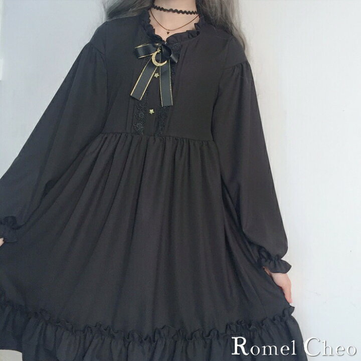 楽天市場 送料無料 Romelcheo ゴシック ロリータ ゴスロリ ワンピース フリル リボン ミニ ドレス ワンピ ブラック 黒ゴス Aライン 膝上丈 長袖 服 レディース ティーンズ 原宿系 病みかわ ゆめかわ ガーリー 大人可愛い ロメルチェオ Romelcheo