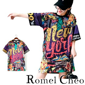 【送料無料】RomelCheo メルト プリント メッシュ tシャツ ロング丈 ミニワンピース レディース 落書き 個性的 派手 ストリート系 原宿系 韓国系 ファッション ロメルチェオ