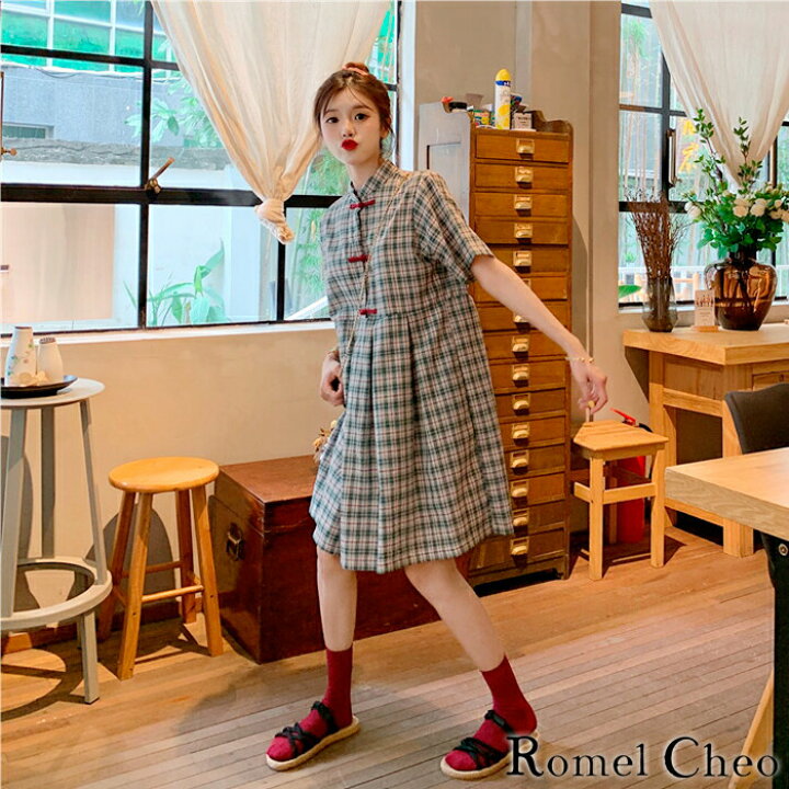 楽天市場 送料無料 Romelcheo グリーン チェック チャイナ ワンピース レディース 半袖 キャミソール キャミワンピ 膝丈 ロング チャイナボタン 原宿系 ガーリー 森ガール カジュアル ファッション エスニック アジアン ロメルチェオ Romelcheo