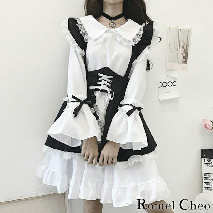 楽天市場 送料無料 Romelcheo ゴスロリ メイド ワンピース セット ゴシック ロリータ 服 エプロン ドレス ヘッド 白ゴス 白ロリ リボン 長袖 膝丈 大人可愛い かわいい ガーリー 原宿系 青文字系 ファッション コスプレ 衣装 ロメルチェオ Romelcheo