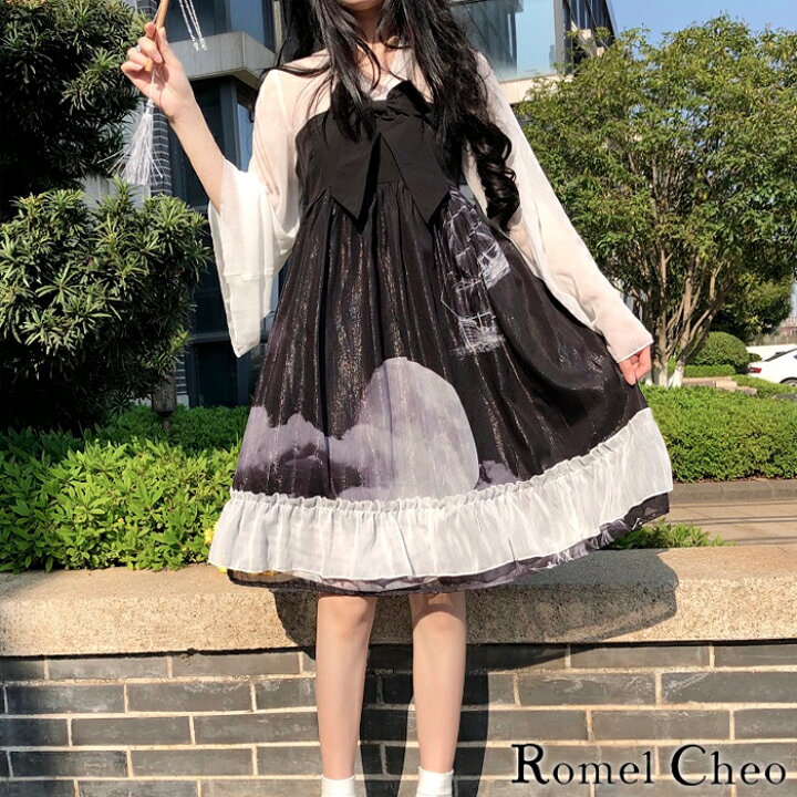 楽天市場 送料無料 Romelcheo シースルー 月夜 ワンピース 和風 モノトーン レデイース ベルスリーブ Aライン リボン 膝丈 透け感 ゴスロリ 白黒 服 病みかわ 原宿系 青文字系 暗黒系 ガーリー 森ガール ファッション 夏ワンピース ロメルチェオ Romelcheo