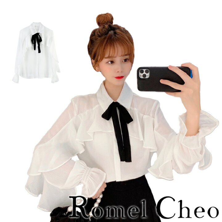 楽天市場】RomelCheo シフォン フリル リボン ブラウス 長袖