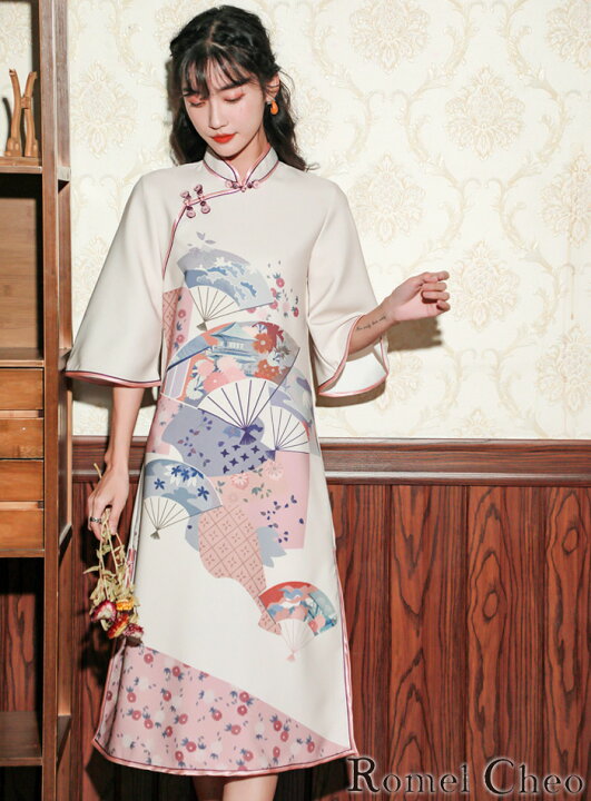 楽天市場 送料無料 Romelcheo 和柄チャイナワンピース チャイナワンピ チャイナドレス チャイナ服 チャイナボタン 半袖 Aライン ひざ丈 ボリューム袖 エスニック スリット 個性的 漢服 レディース モード系 ファッション 原宿系 青文字系 カジュアル ファッション