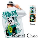 RomelCheo 笹 パンダ tシャツ ビッグシルエット オーバーサイズ メンズ レディース ユニセックス hiphop アニマル プリント 半袖 中華風 アジアン ゆったり ストリート系 原宿系 カジュアル ダンス スケーター ファッション ロメルチェオ