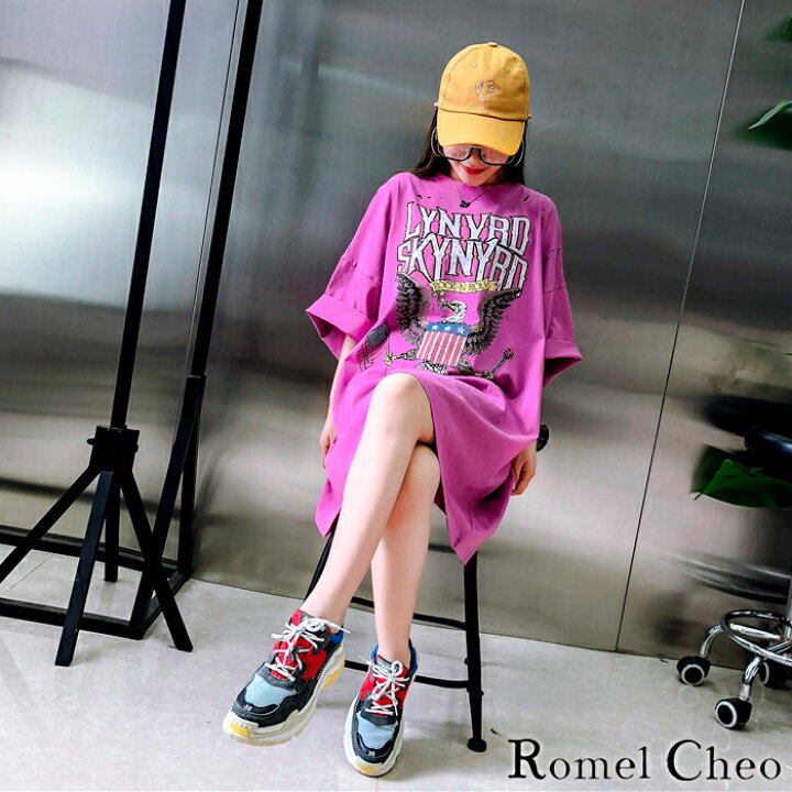 楽天市場 送料無料 Romelcheo アメカジ 古着風 イーグル Tシャツ ビッグシルエット ロング丈 レディース ダメージ加工 鷲 紋章 半袖 綿 ゆったり ストリート系 原宿系 青文字系 レトロ 大人可愛い カジュアル ファッション ロメルチェオ Romelcheo