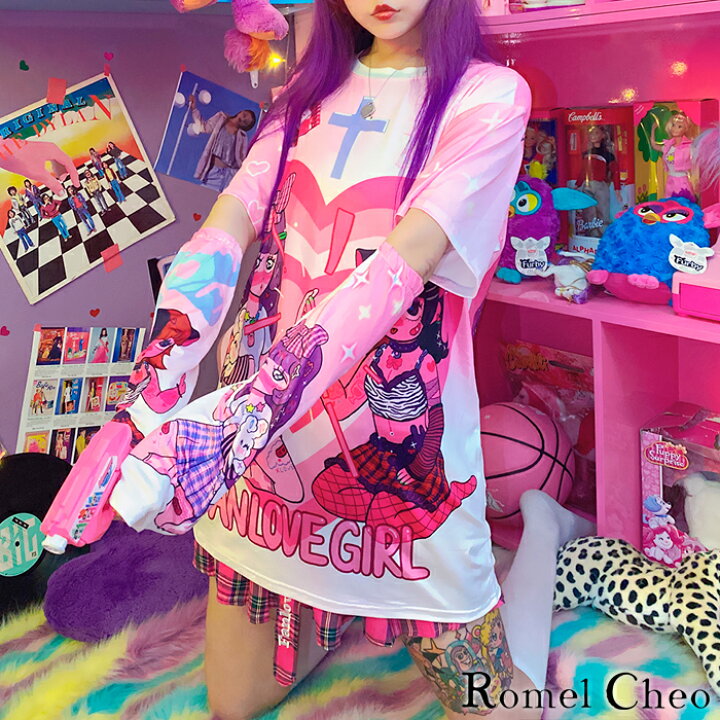 楽天市場 送料無料 Romelcheo 袖付き 原宿 イラスト Tシャツ 半袖 アームカバー ハンドカバー プリント ゆめかわいい 病みかわいい レディース ストリート系 カジュアル 原宿系 青文字系 ガーリー ロリータ Y2k レトロ 個性派 ファッション ロメルチェオ Romelcheo
