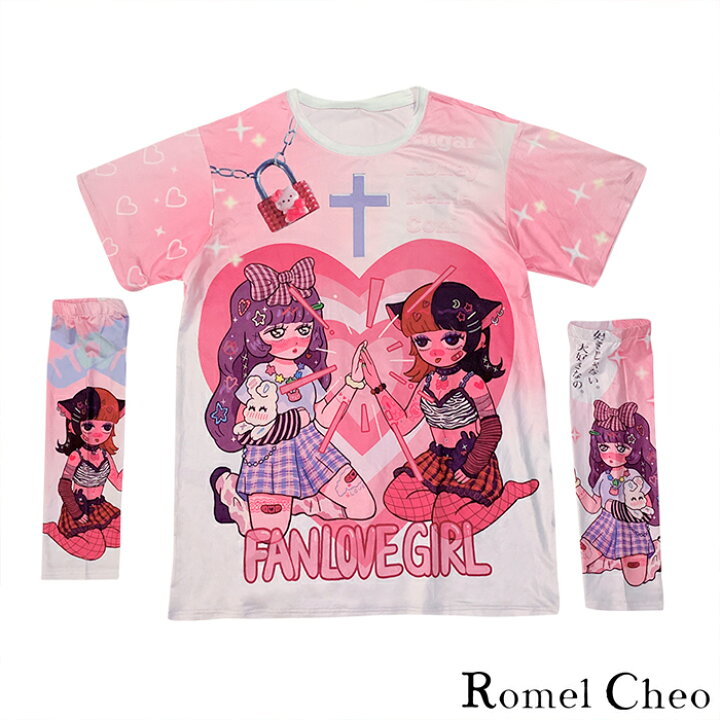 楽天市場 送料無料 Romelcheo 袖付き 原宿 イラスト Tシャツ 半袖 アームカバー ハンドカバー プリント ゆめかわいい 病みかわいい レディース ストリート系 カジュアル 原宿系 青文字系 ガーリー ロリータ Y2k レトロ 個性派 ファッション ロメルチェオ Romelcheo