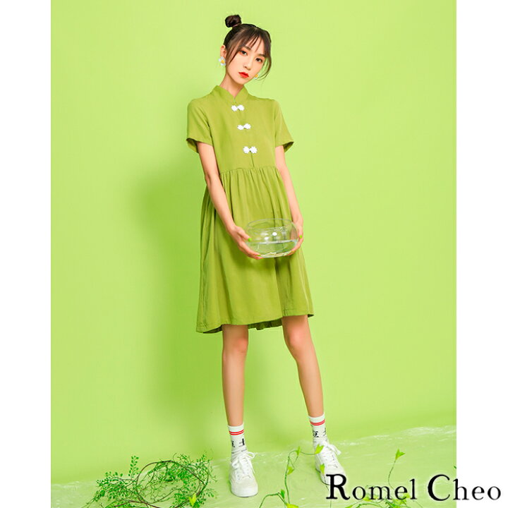 楽天市場 送料無料 Romelcheo フレッシュ グリーン チャイナ ワンピース 膝上丈 シンプル チャイナボタン ロリータ ワンピ レディース Aライン 半袖 大人可愛い 夏ワンピ 原宿系 青文字系 ガーリー 森ガール アジアン チャイナ風 漢服 普段着 ファッション