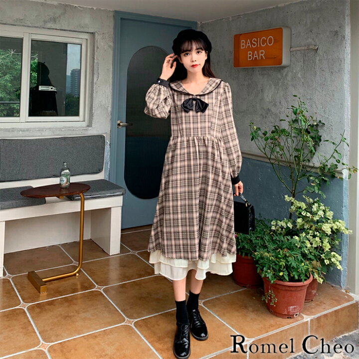 楽天市場 送料無料 Romelcheo セーラー チェック ロング ワンピース 格子柄 リボン 重ね着風 長袖 Aライン レディース 茶色 ミモレ丈 英国風 きれいめ ゆったり 原宿系 ロリータ ガーリー 大人可愛い レトロ 森ガール ファッション ロメルチェオ Romelcheo