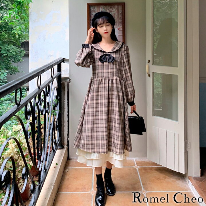楽天市場 送料無料 Romelcheo セーラー チェック ロング ワンピース 格子柄 リボン 重ね着風 長袖 Aライン レディース 茶色 ミモレ丈 英国風 きれいめ ゆったり 原宿系 ロリータ ガーリー 大人可愛い レトロ 森ガール ファッション ロメルチェオ Romelcheo