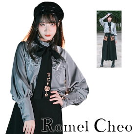 RomelCheo 狐仙 刺繍 リボンタイ付き ブラウス シャツ 長袖 レディース フリル スタンドカラー 妖怪柄 キツネ 稲荷神 サテン シルバー エレガント 病みかわいい 原宿系 ロリータ レトロ 大正ロマン ファッション ロメルチェオ