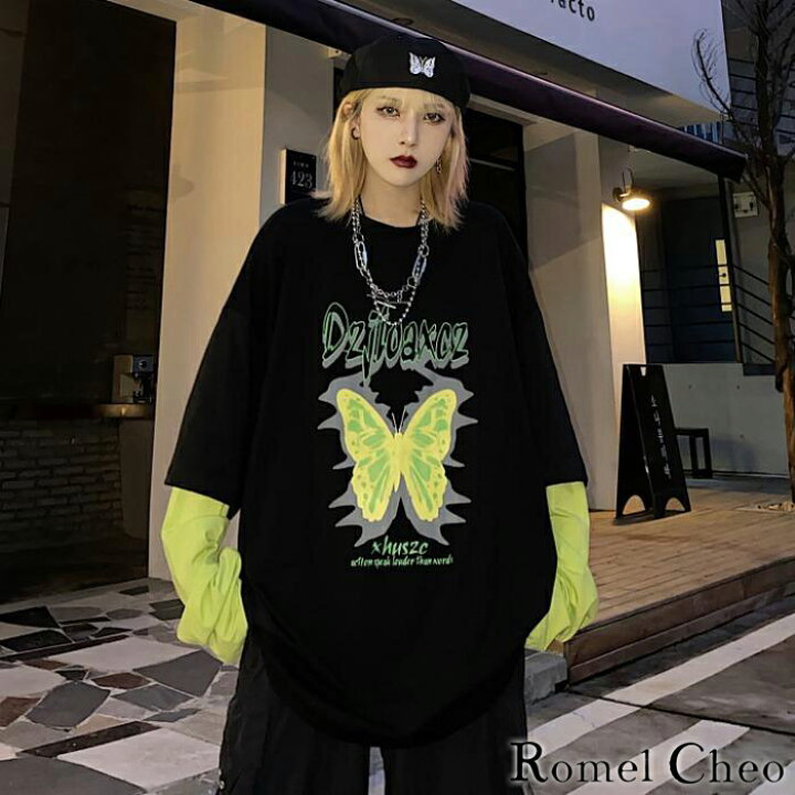 楽天市場 送料無料 Romelcheo 重ね着風 ネオン パタフライ 長袖 Tシャツ メンズ レディース レイヤード風 蛍光 黄緑 蝶柄 ロング ロンt プリント ロゴ ビッグシルエット ダボ 大きいサイズ ゆったり 薄手 韓国 ストリート系 ヒップホップ スケーター ファッション