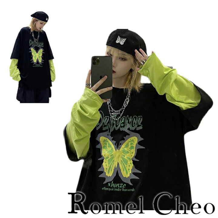 楽天市場 送料無料 Romelcheo 重ね着風 ネオン パタフライ 長袖 Tシャツ メンズ レディース レイヤード風 蛍光 黄緑 蝶柄 ロング ロンt プリント ロゴ ビッグシルエット ダボ 大きいサイズ ゆったり 薄手 韓国 ストリート系 ヒップホップ スケーター ファッション