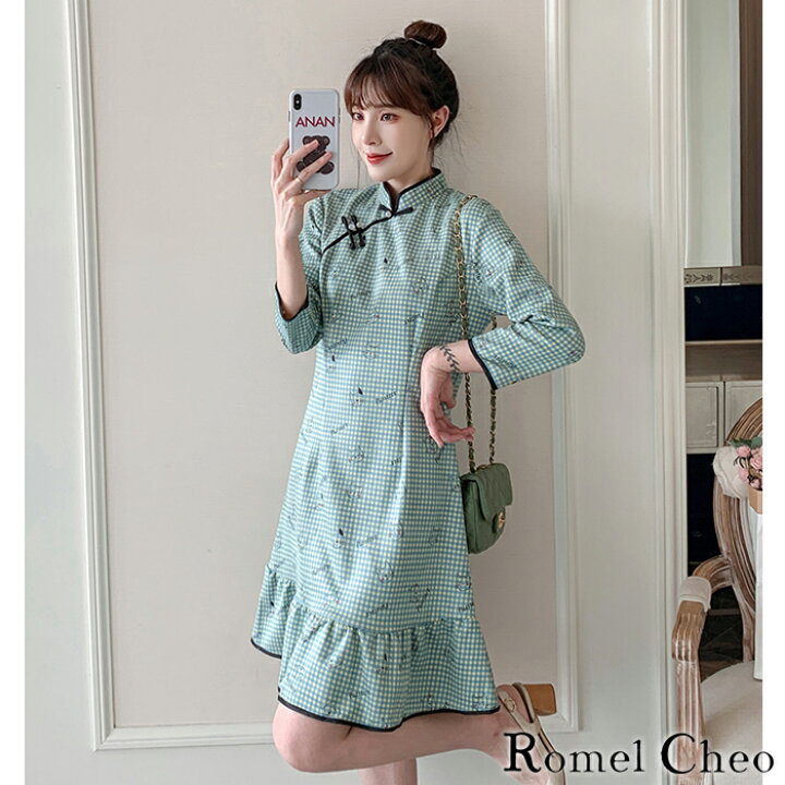 楽天市場 送料無料 Romelcheo 七分袖 猫柄 チェック チャイナ ワンピース ミニ丈 イラスト レディース スエード調 プリント 薄手 チャイナボタン ストリート系 原宿系 青文字系 ファッション エスニック アジアン ガーリー 森ガール レトロ 大人可愛い 漢服 普段着