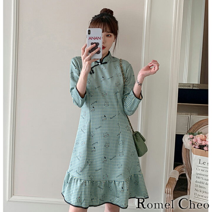 楽天市場 送料無料 Romelcheo 七分袖 猫柄 チェック チャイナ ワンピース ミニ丈 イラスト レディース スエード調 プリント 薄手 チャイナボタン ストリート系 原宿系 青文字系 ファッション エスニック アジアン ガーリー 森ガール レトロ 大人可愛い 漢服 普段着