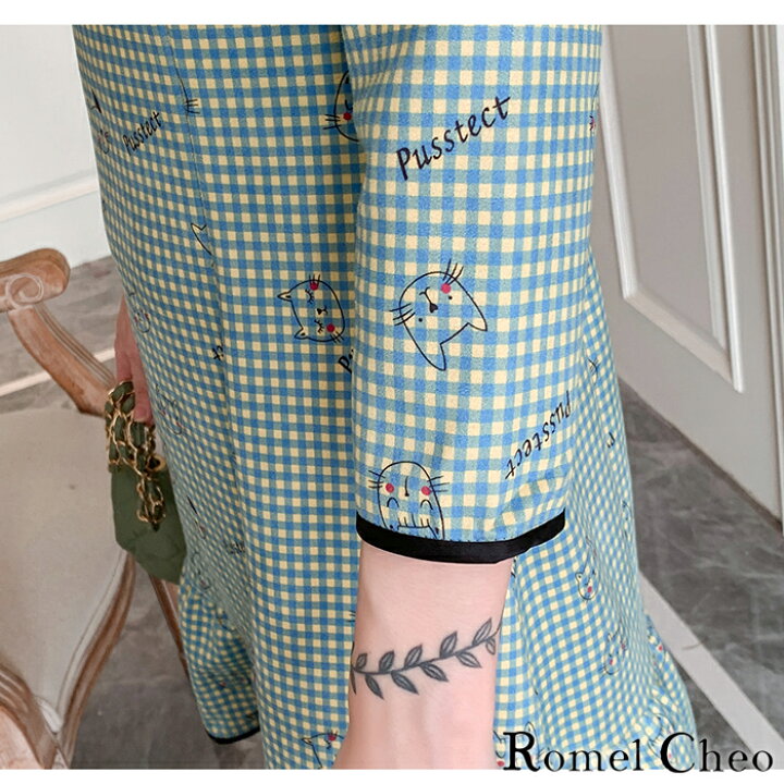 楽天市場 送料無料 Romelcheo 七分袖 猫柄 チェック チャイナ ワンピース ミニ丈 イラスト レディース スエード調 プリント 薄手 チャイナボタン ストリート系 原宿系 青文字系 ファッション エスニック アジアン ガーリー 森ガール レトロ 大人可愛い 漢服 普段着
