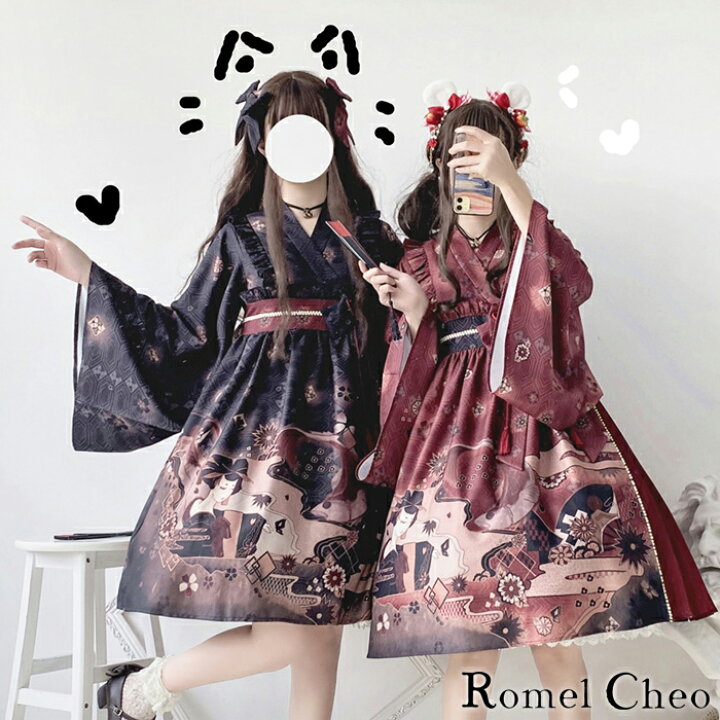 楽天市場 送料無料 Romelcheo 和風 ロリータ モダン ワンピース 和ロリ 服 膝丈 ドレス リボン 和柄 プリント フリル プリーツ 九分袖 ロリィタ レディース ゴシック Aライン ハイウエスト コスプレ 大正ロマン レトロ 原宿系 青文字系 ガーリー ファッション