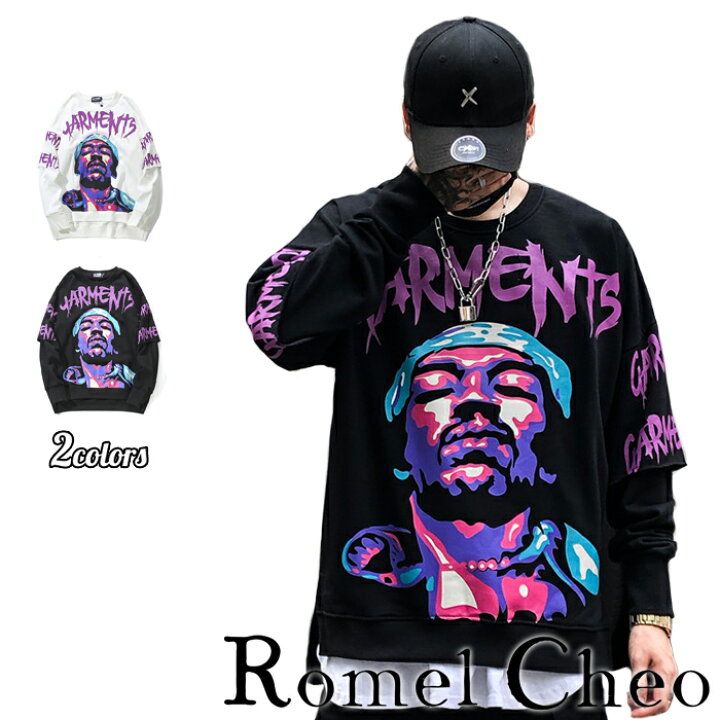 楽天市場 送料無料 Romelcheo 裏起毛 ヒップホップ トレーナー 長袖 Tシャツ ロンt 重ね着風 イラスト ロゴ プリント メンズ レディース ストリート系 原宿系 Hiphop ダンス ラッパー Dj レゲエ 個性的 個性派 カジュアル アメカジ ファッション ロメルチェオ Romelcheo