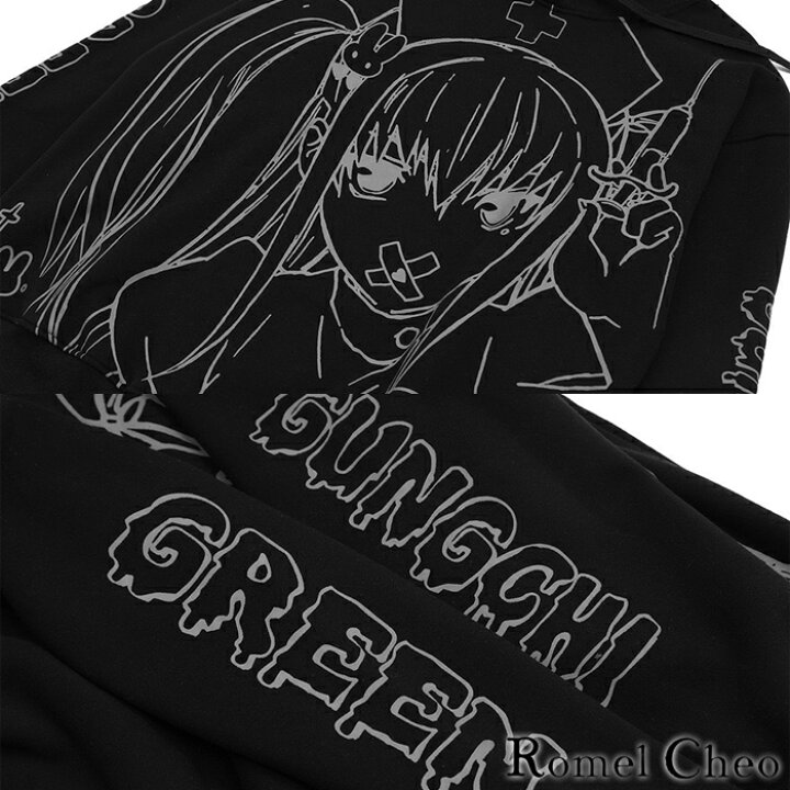楽天市場 送料無料 Romelcheo 原宿系 ナース 裏ボア フリース パーカー プルオーバー アニメ風 イラスト 看護師 注射器 長袖 裏起毛 レディース ストリート系 青文字 病みかわいい サブカル ロリータ ガーリー ファッション ロメルチェオ Romelcheo