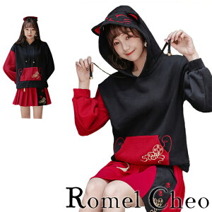 RomelCheo 猫の手 パーカー 猫耳 猫柄 刺繍 和柄 和風 フード付き トレーナー プルオーバー チャイナ風 トップス バイカラー 赤黒 アジアン エスニック ロリータ 原宿系 青文字系 ガーリー 大人