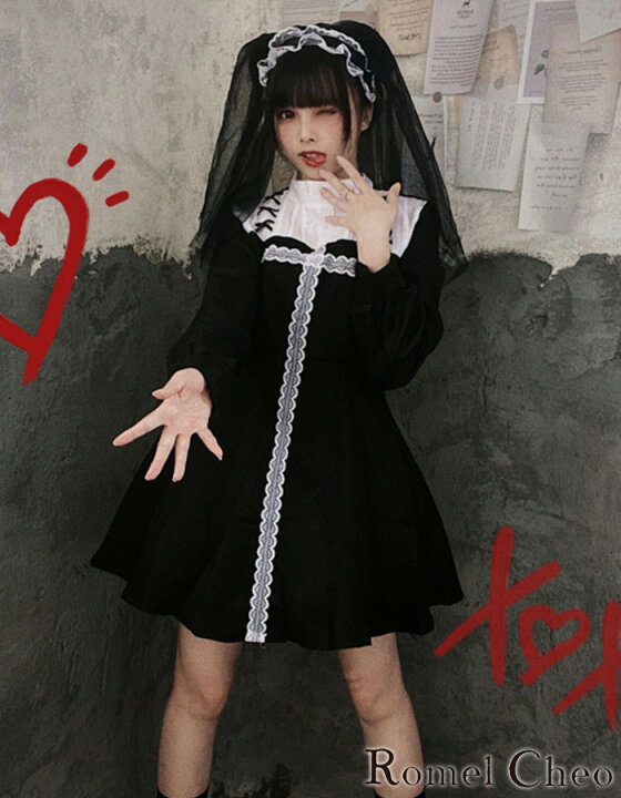楽天市場】RomelCheo ベールヘッドドレス付き シスターワンピ ロリータ 