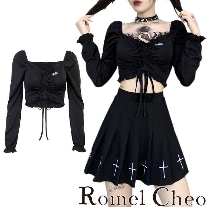 楽天市場 送料無料 Romelcheo 地雷系シャーリングフリルショートt シャーリングミニtシャツ Tee ショート丈 ミニ丈 長袖 デコルテ シャツ カットソー セクシー 可愛い 小悪魔 ギャル レディース モード系 ファッション 原宿系 青文字系 カジュアル ファッション
