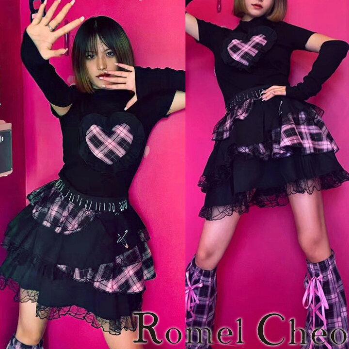 楽天市場】RomelCheo 地下ドル風ブラックピンクチェックセット Tシャツ 