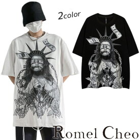 【送料無料】RomelCheo 拘束女神プリントTシャツ グラフィックTシャツ 半袖 TEE オーバーサイズ ダボT ゆったり ルーズシルエット バックプリント カジュアル 白 黒 トップス 個性的 HIPHOP メンズ モード系 ストリート 原宿系 青文字系 ファッション ロメルチェオ