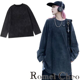 【送料無料】RomelCheo ビッグシルエット ブラックグレーシャツ レディース ロンT 長袖Tシャツ オーバーサイズロンT ルーズシルエット ドロップショルダー カットソー ストリート モード系 ファッション 森ガール 原宿系 青文字系 カジュアル ファッション ロメルチェオ