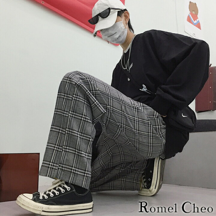 楽天市場 送料無料 Romelcheo グレン チェック ワイド パンツ ロールアップ 2way メンズ レディース ユニセックス 格子柄 おしゃれ トラッド ブリティッシュ カジュアル ファッション 韓国 きれいめ ストレート ガウチョ ゆったり 折返し レトロ ロメルチェオ Romelcheo