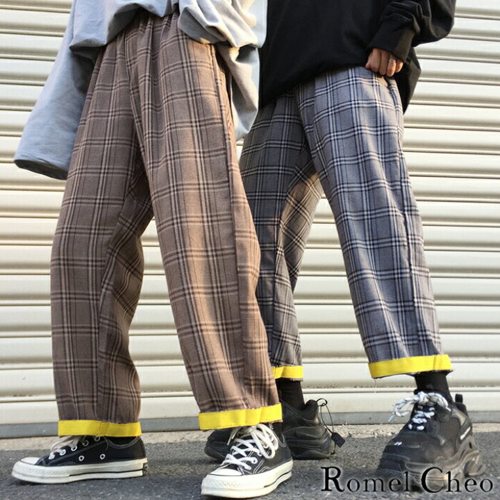 楽天市場 送料無料 Romelcheo グレン チェック ワイド パンツ ロールアップ 2way メンズ レディース ユニセックス 格子柄 おしゃれ トラッド ブリティッシュ カジュアル ファッション 韓国 きれいめ ストレート ガウチョ ゆったり 折返し レトロ ロメルチェオ Romelcheo